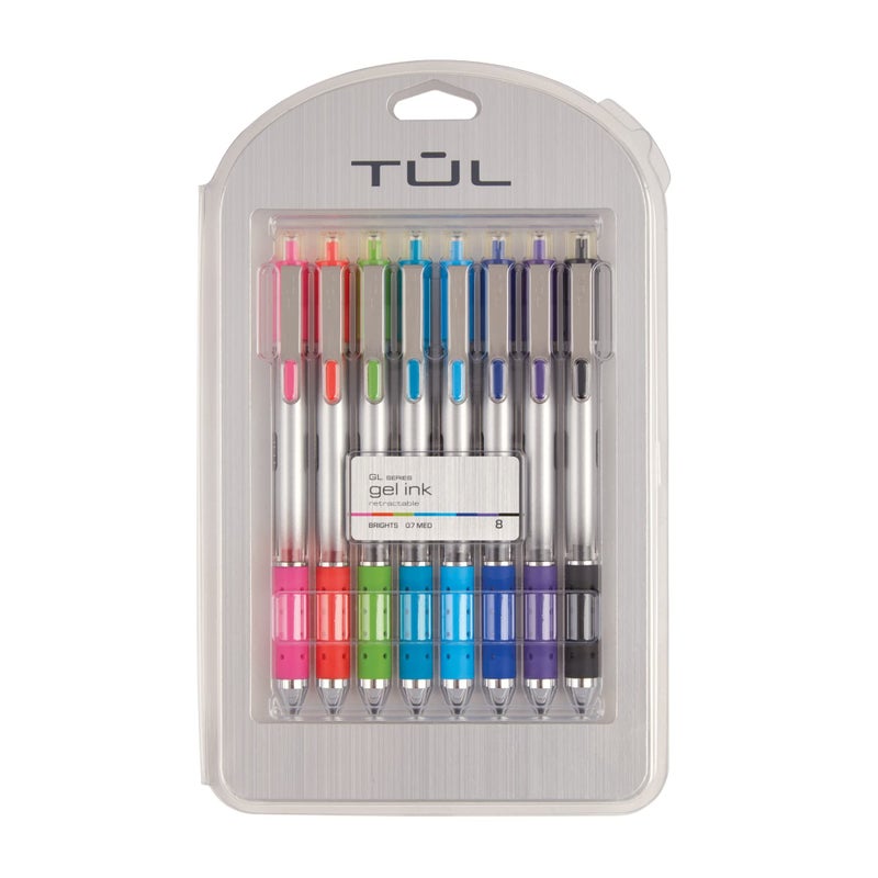 TUL Retractable Gel Pens, Bullet Point, 0.7 mm, Gray Barrel, Assorted Bright Ink Colors, Pack Of 8 - Image 1